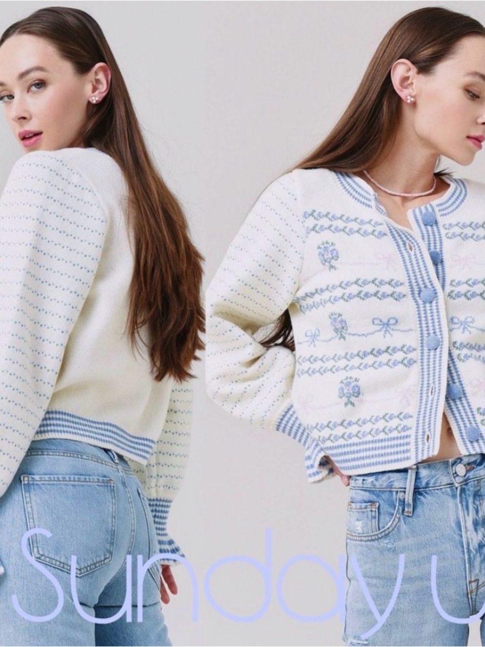 Sunday Up White Knit Cardigan with Pastel Blue and Pink Accents